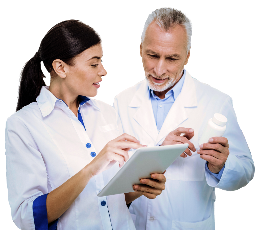 Pharmacist using tablet to check for prescription 1